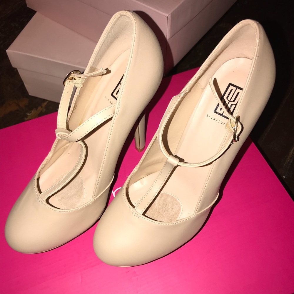 Tan Platform T-Strap Heels